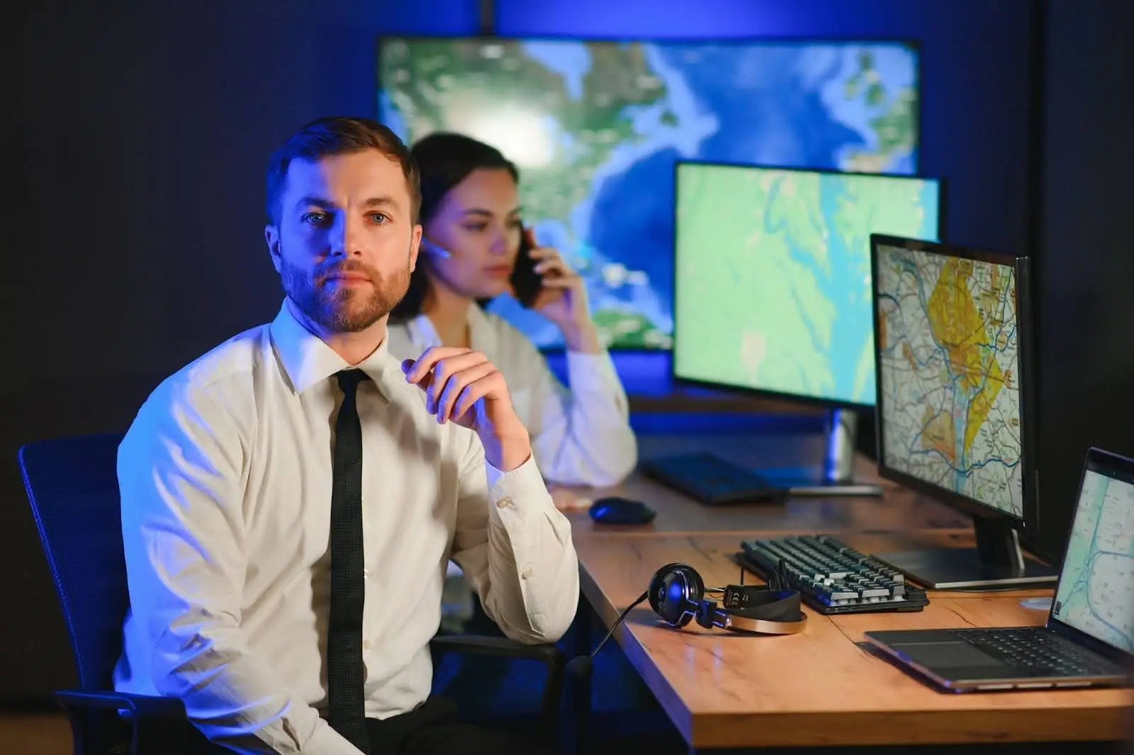 A man in a white shirt and black tie sits at a desk with monitors displaying maps; a woman in the background talks on the phone. The room&rsquo;s dim lighting and professional vibe hint at advanced Transportation Management Software in use.