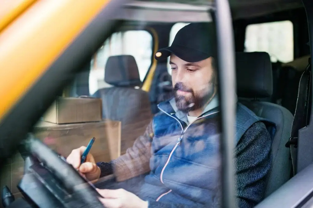 A bearded man wearing a cap sits in the driver’s seat of a vehicle, writing on a notepad with PerGo NEMT Software as cardboard boxes are stacked in the back. The photo is taken through the window.